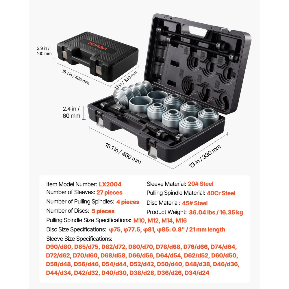 VEVOR Pull and Press Sleeve Kit, 36 PCS, Steel Bush Removal Insertion Sleeve Tools with Carrying Case, Compatible with LCV and HGV Engines, for Removing and Installing Bushings, Bearings, and Seals