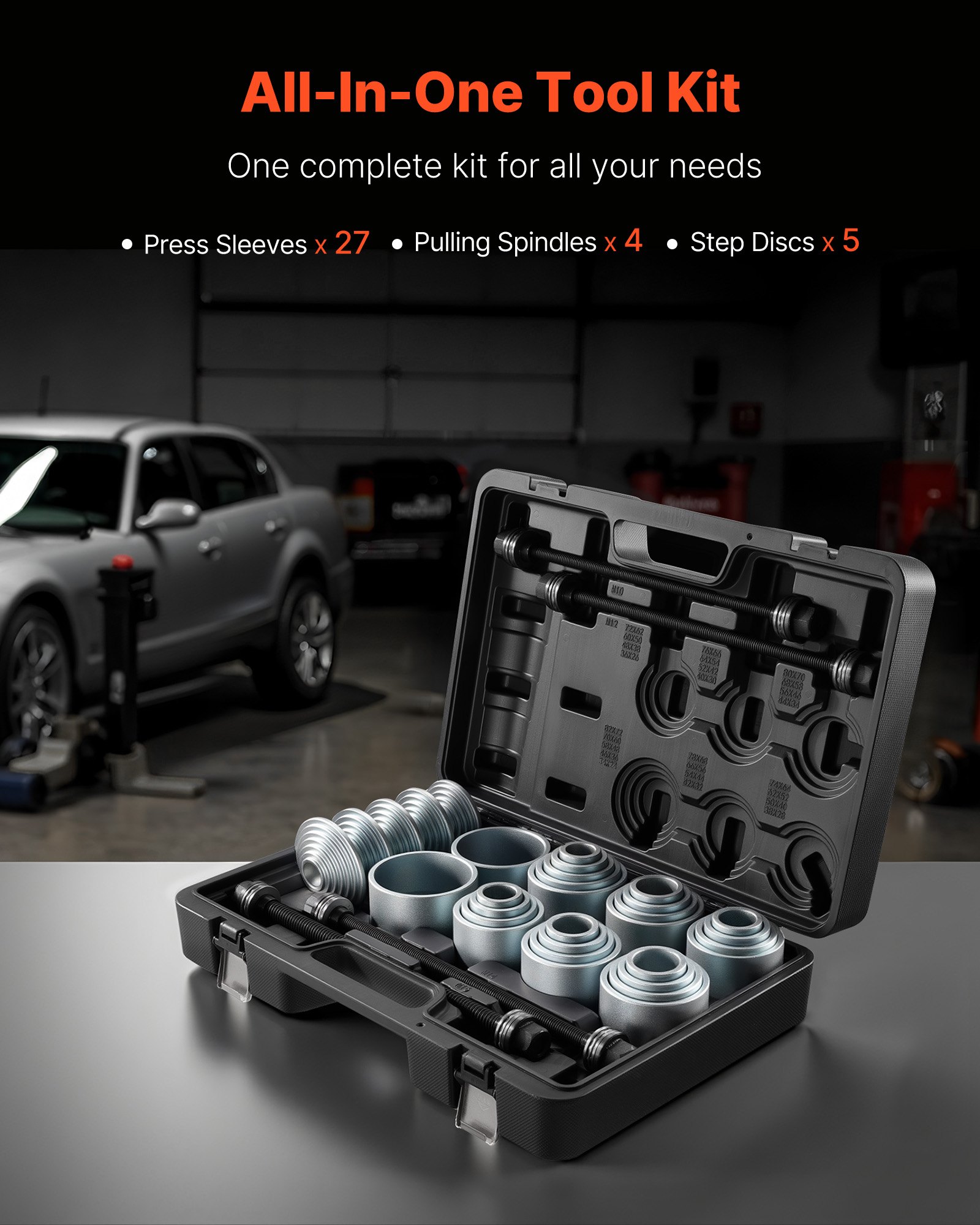 VEVOR Pull and Press Sleeve Kit, 36 PCS, Steel Bush Removal Insertion Sleeve Tools with Carrying Case, Compatible with LCV and HGV Engines, for Removing and Installing Bushings, Bearings, and Seals