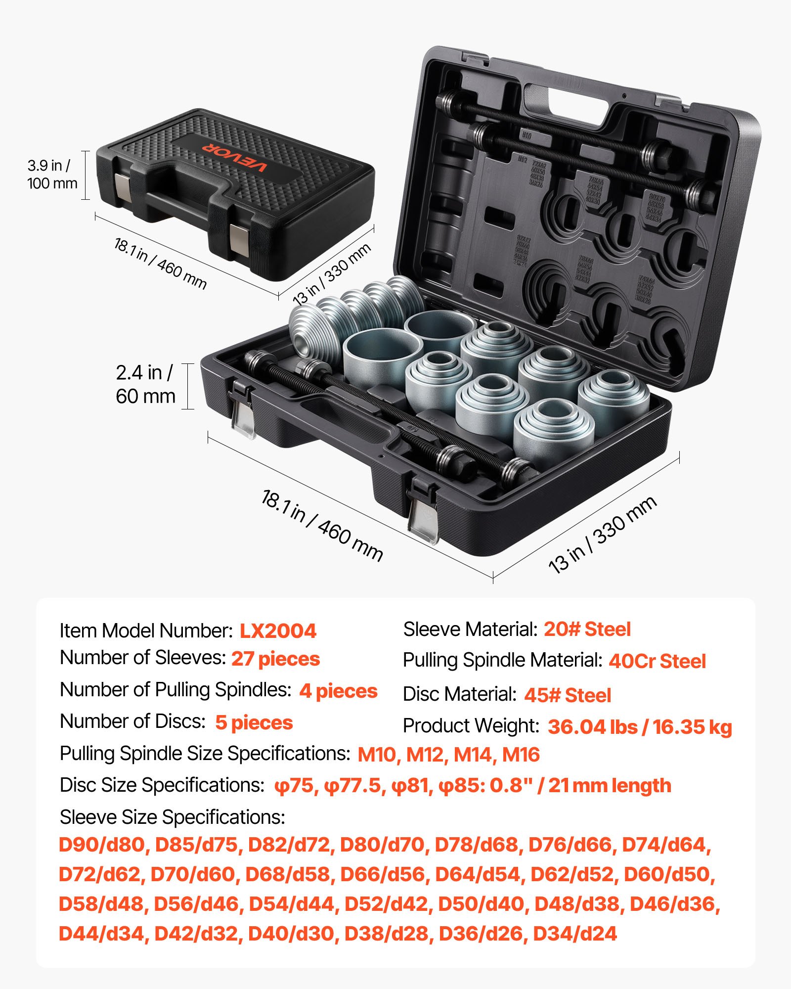 VEVOR Pull and Press Sleeve Kit, 36 PCS, Steel Bush Removal Insertion Sleeve Tools with Carrying Case, Compatible with LCV and HGV Engines, for Removing and Installing Bushings, Bearings, and Seals