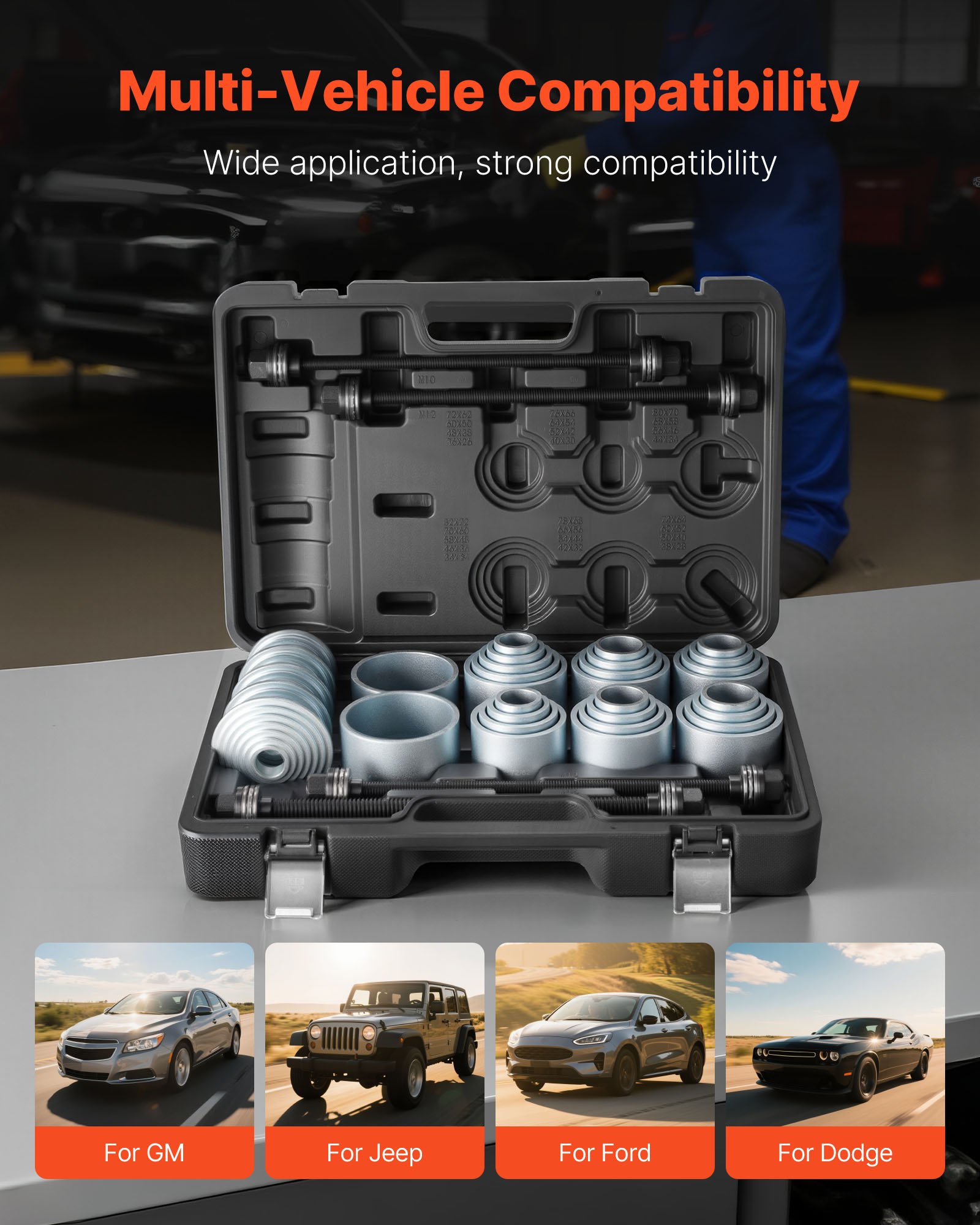 VEVOR Pull and Press Sleeve Kit, 36 PCS, Steel Bush Removal Insertion Sleeve Tools with Carrying Case, Compatible with LCV and HGV Engines, for Removing and Installing Bushings, Bearings, and Seals
