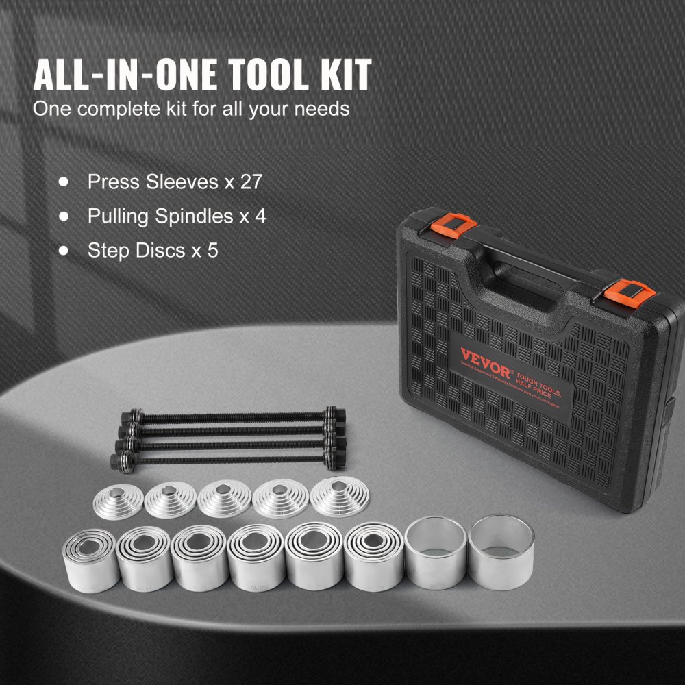 VEVOR 36 PCS Pull and Press Sleeve Kit, Steel Bush Bearing Removal and Installation Set, Bush Removal Insertion Sleeve Tools with Carrying Case, Multi-Vehicle Compatibility for LCV and HGV Engines