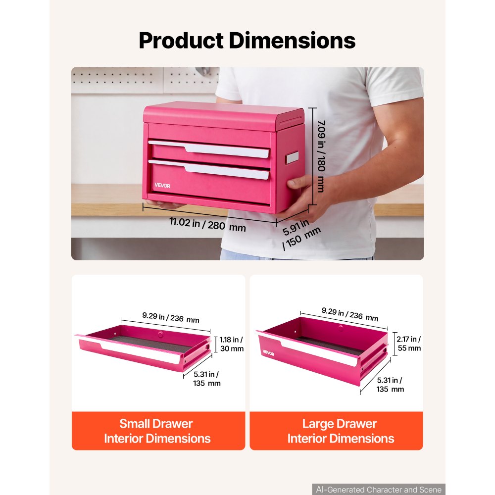 VEVOR Steel Tool Box with 2 Drawers and Top Storage Portable Metal Toolbox, for Garage Workshop Repair Shop Workbench, Magnetic Design, Heavy Duty Tool Storage Cabinet Organizer, with Liners, Pink