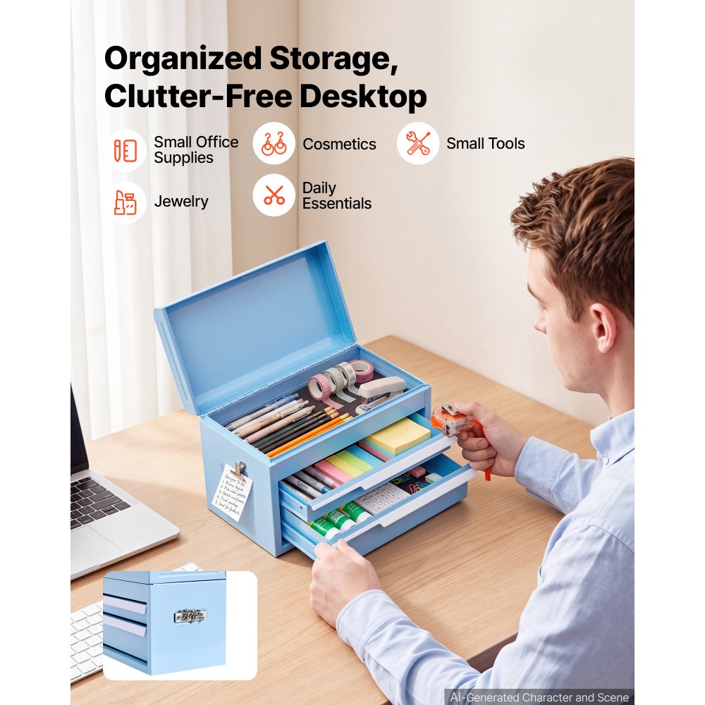 VEVOR Steel Tool Box with 2 Drawers and Top Storage Portable Metal Toolbox, for Garage Workshop Repair Shop Workbench, Magnetic Design, Heavy Duty Tool Storage Cabinet Organizer, with Liners, Blue