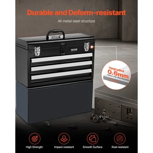 VEVOR Metal Tool Box 20.5” – 3-Drawer Portable Steel Tool Chest With EVA Liners, Ball-Bearing Slides, Auto-Lock, Powder-Coated
