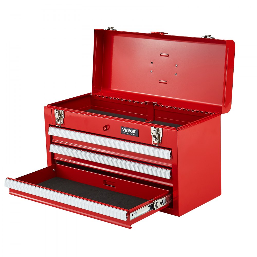 VEVOR Metal Tool Box, 20.5-inch, Portable Metal Tool Box with 3 Drawers, Small Tool Chest with EVA Liners, Ball Bearing Slide Drawers Locking & Powder Coated Finish, Multi-Function Tool Organizer, Red
