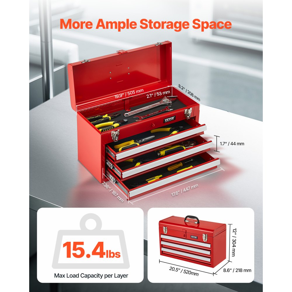 VEVOR Metal Tool Box, 20.5-inch, Portable Metal Tool Box with 3 Drawers, Small Tool Chest with EVA Liners, Ball Bearing Slide Drawers Locking & Powder Coated Finish, Multi-Function Tool Organizer, Red