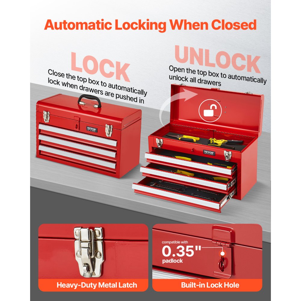 VEVOR Metal Tool Box, 20.5-inch, Portable Metal Tool Box with 3 Drawers, Small Tool Chest with EVA Liners, Ball Bearing Slide Drawers Locking & Powder Coated Finish, Multi-Function Tool Organizer, Red