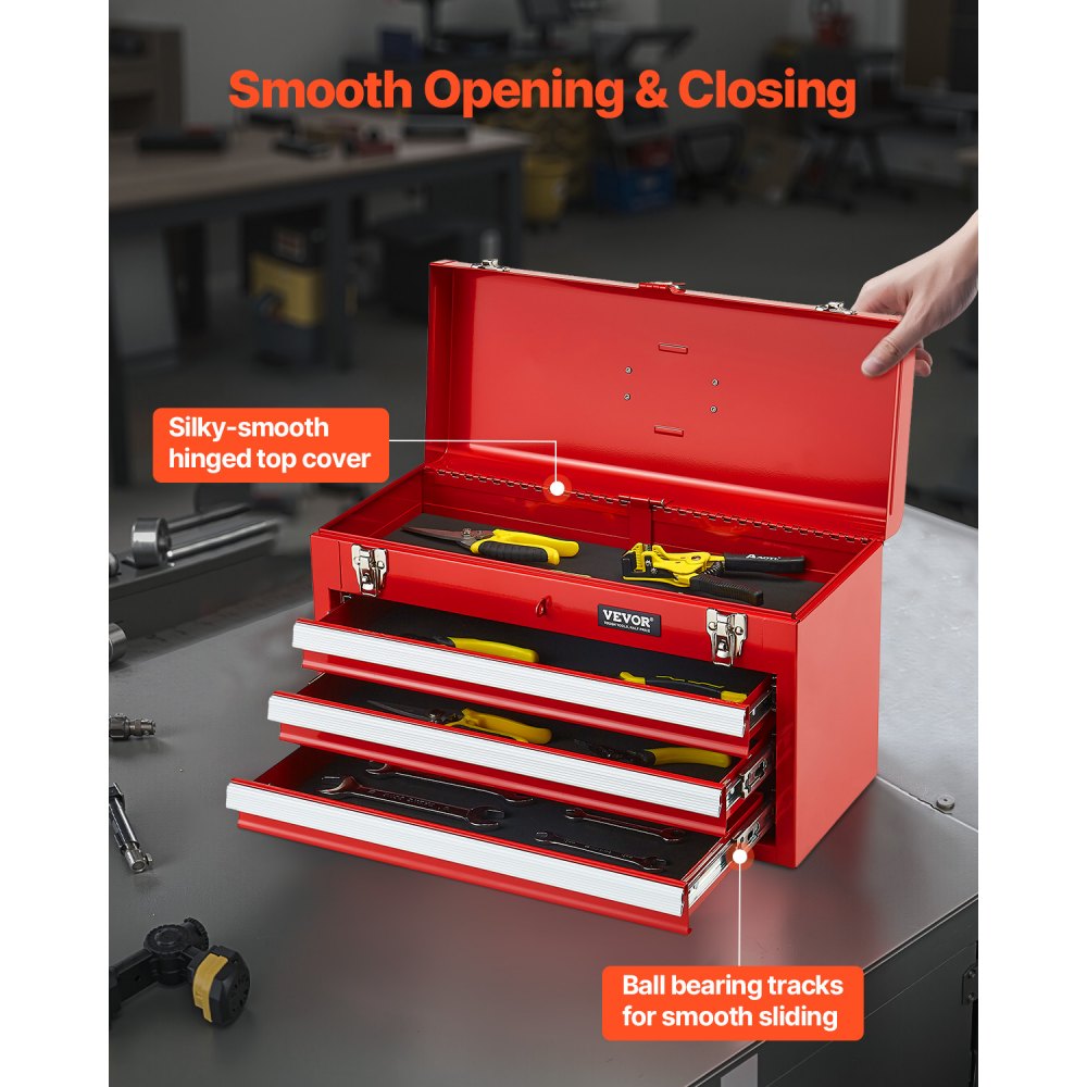 VEVOR Metal Tool Box, 20.5-inch, Portable Metal Tool Box with 3 Drawers, Small Tool Chest with EVA Liners, Ball Bearing Slide Drawers Locking & Powder Coated Finish, Multi-Function Tool Organizer, Red