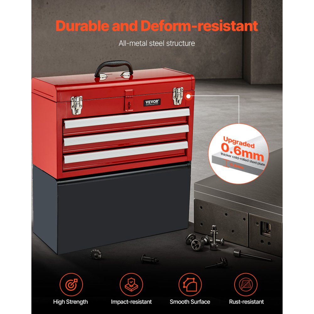 VEVOR Metal Tool Box, 20.5-inch, Portable Metal Tool Box with 3 Drawers, Small Tool Chest with EVA Liners, Ball Bearing Slide Drawers Locking & Powder Coated Finish, Multi-Function Tool Organizer, Red