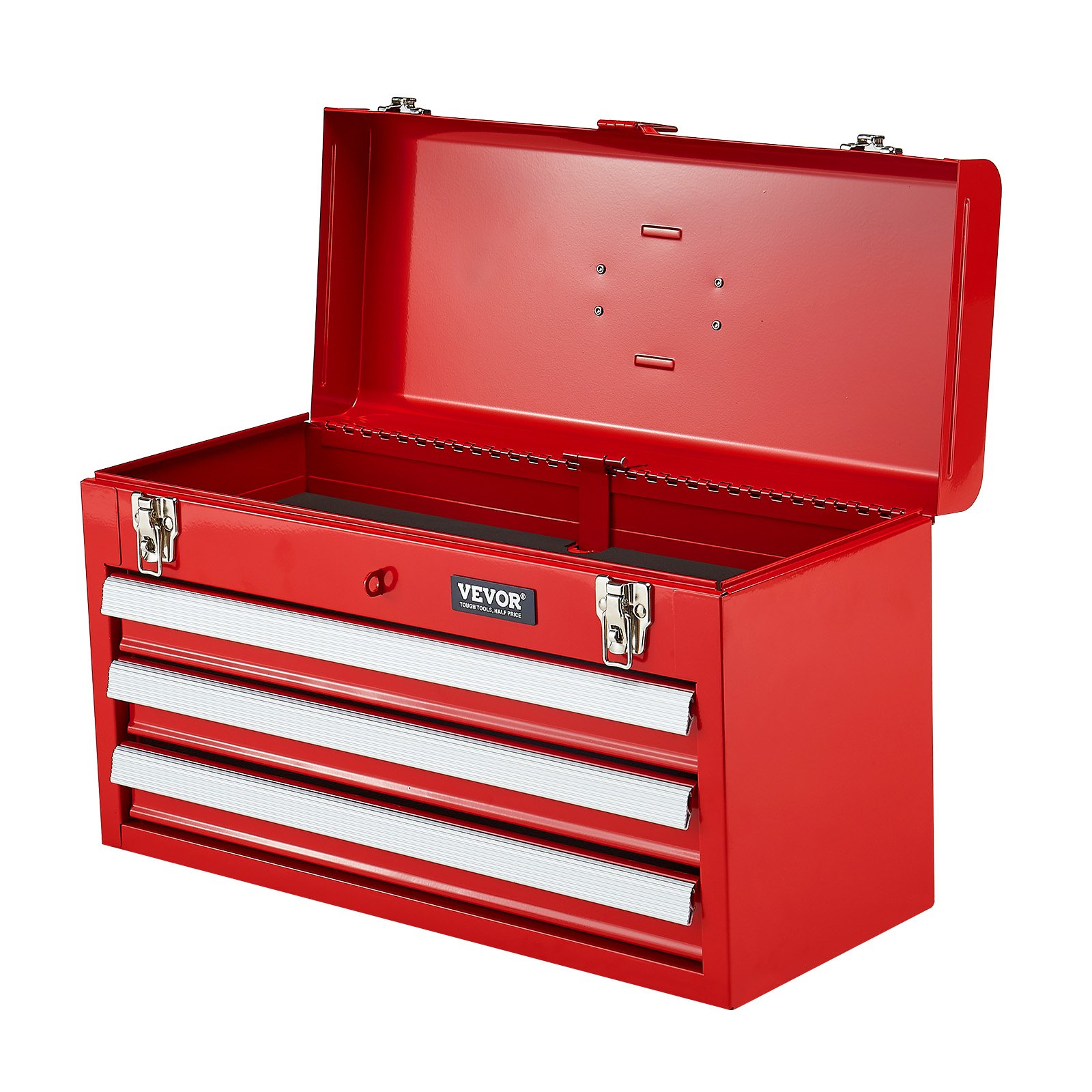 VEVOR Metal Tool Box, 20.5-inch, Portable Metal Tool Box with 3 Drawers, Small Tool Chest with EVA Liners, Ball Bearing Slide Drawers Locking & Powder Coated Finish, Multi-Function Tool Organizer, Red