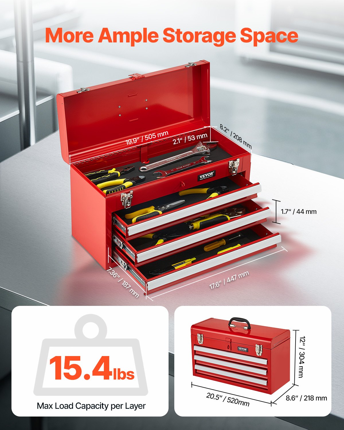 VEVOR Metal Tool Box, 20.5-inch, Portable Metal Tool Box with 3 Drawers, Small Tool Chest with EVA Liners, Ball Bearing Slide Drawers Locking & Powder Coated Finish, Multi-Function Tool Organizer, Red