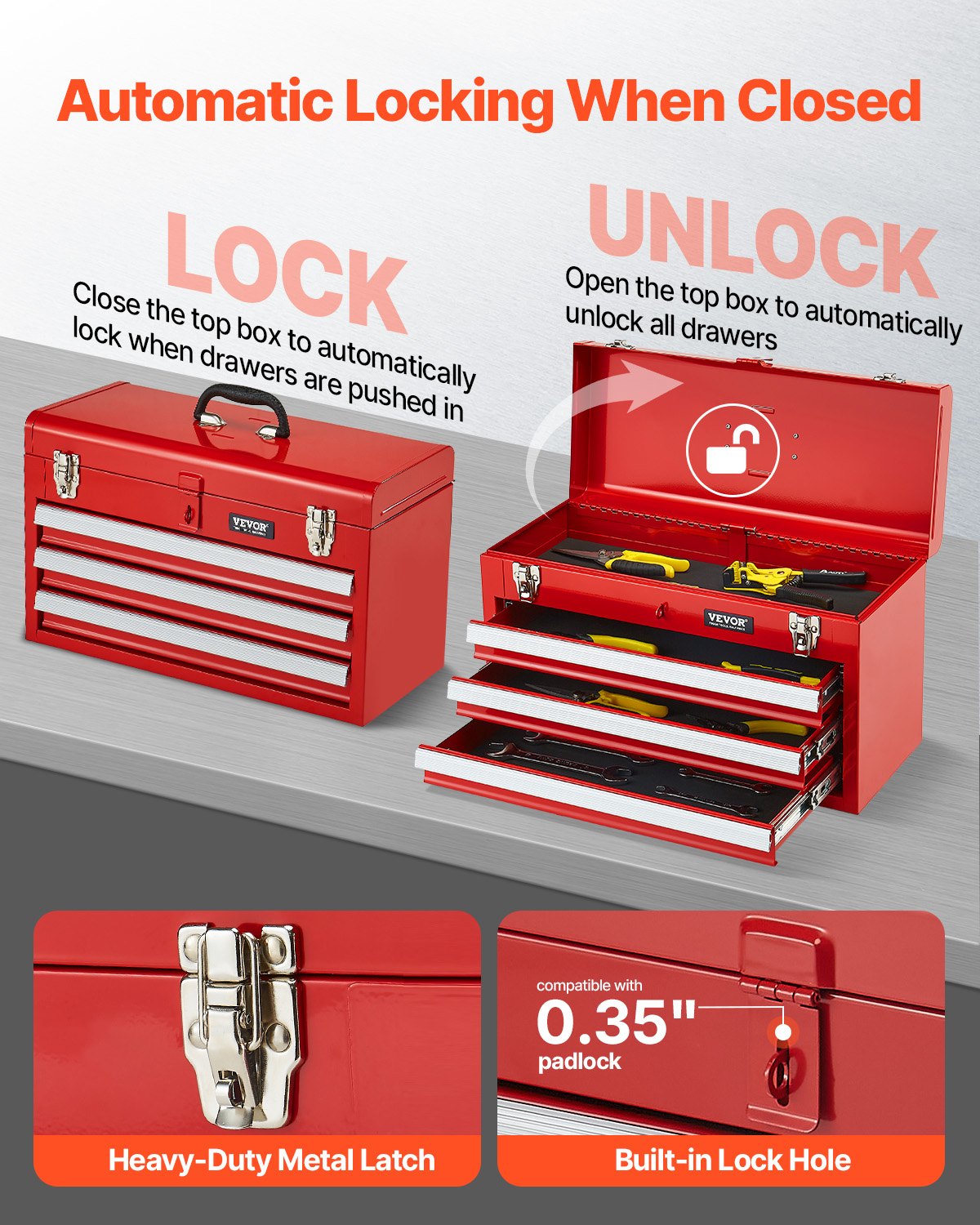 VEVOR Metal Tool Box, 20.5-inch, Portable Metal Tool Box with 3 Drawers, Small Tool Chest with EVA Liners, Ball Bearing Slide Drawers Locking & Powder Coated Finish, Multi-Function Tool Organizer, Red