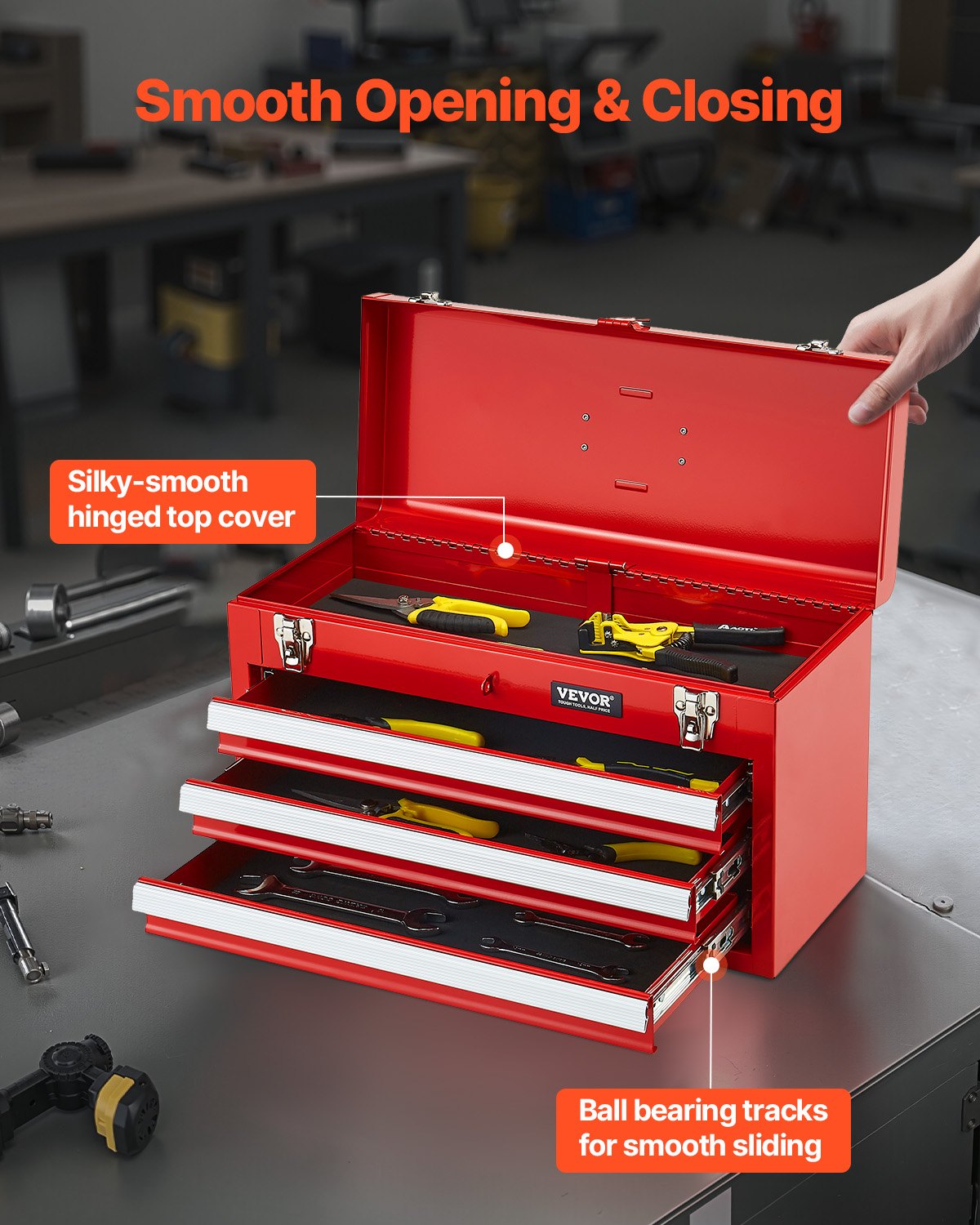 VEVOR Metal Tool Box, 20.5-inch, Portable Metal Tool Box with 3 Drawers, Small Tool Chest with EVA Liners, Ball Bearing Slide Drawers Locking & Powder Coated Finish, Multi-Function Tool Organizer, Red