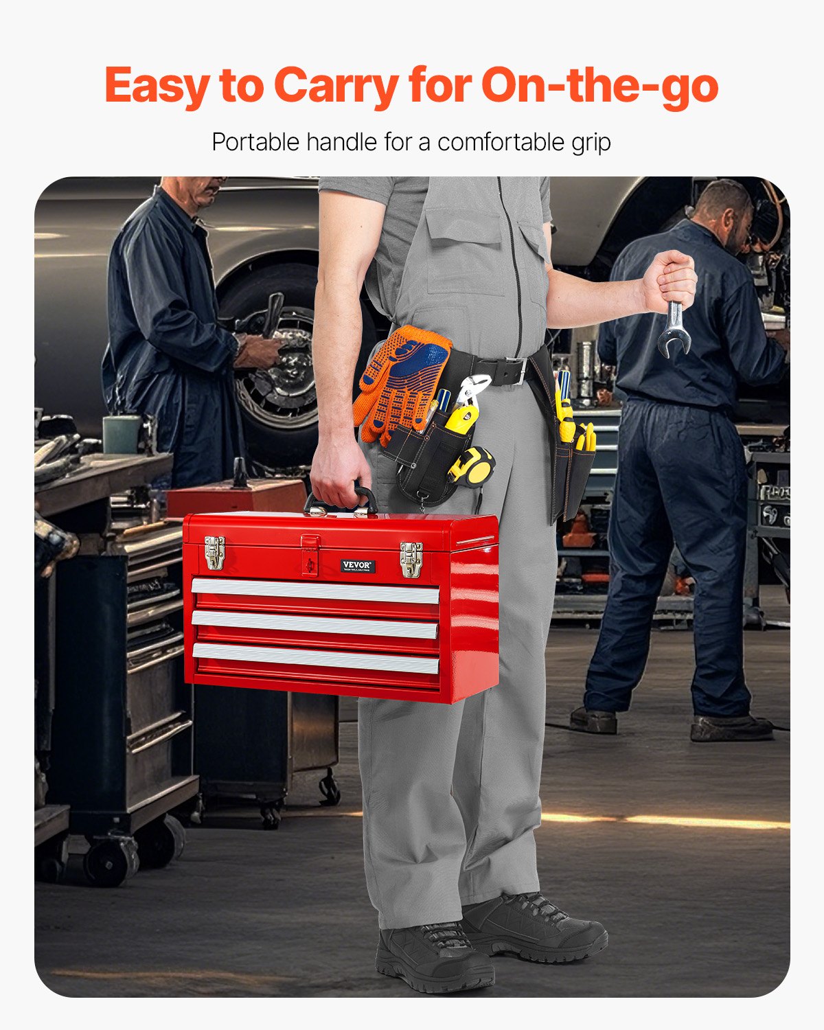 VEVOR Metal Tool Box, 20.5-inch, Portable Metal Tool Box with 3 Drawers, Small Tool Chest with EVA Liners, Ball Bearing Slide Drawers Locking & Powder Coated Finish, Multi-Function Tool Organizer, Red