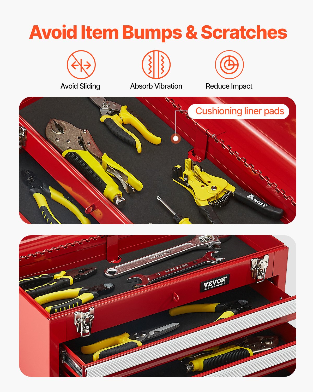 VEVOR Metal Tool Box, 20.5-inch, Portable Metal Tool Box with 3 Drawers, Small Tool Chest with EVA Liners, Ball Bearing Slide Drawers Locking & Powder Coated Finish, Multi-Function Tool Organizer, Red