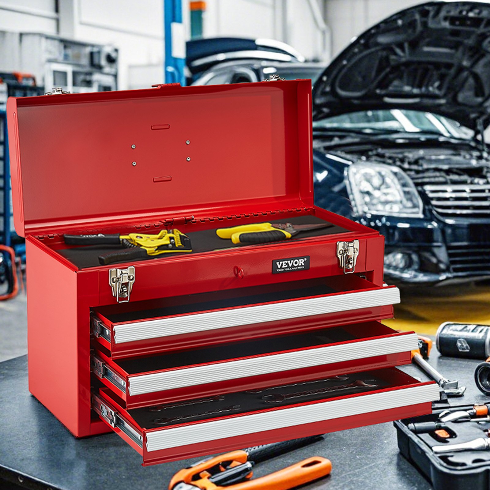 VEVOR Metal Tool Box, 20.5-inch, Portable Metal Tool Box with 3 Drawers, Small Tool Chest with EVA Liners, Ball Bearing Slide Drawers Locking & Powder Coated Finish, Multi-Function Tool Organizer, Red