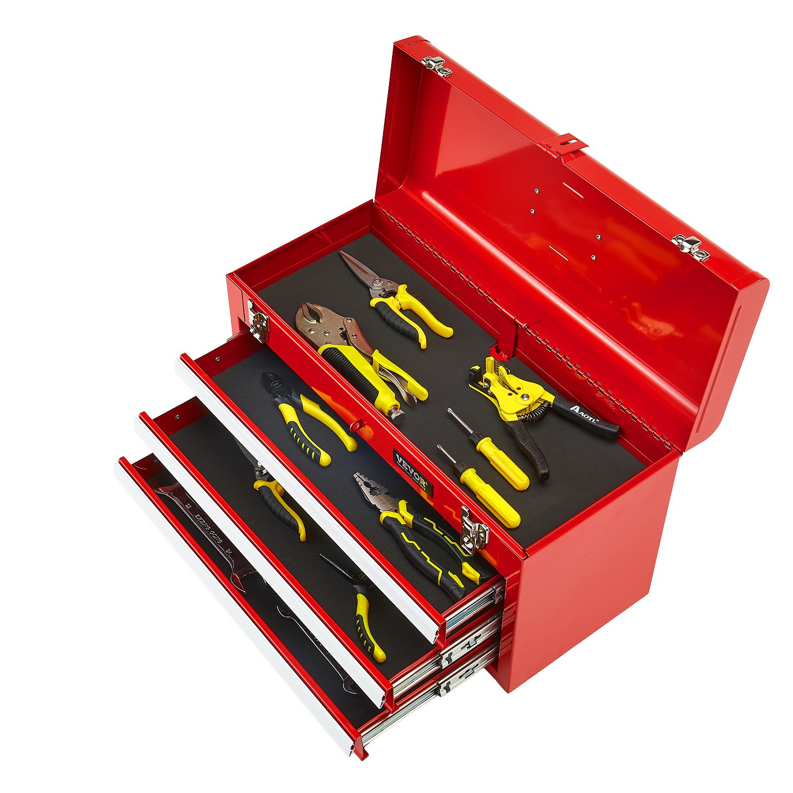VEVOR Metal Tool Box, 20.5-inch, Portable Metal Tool Box with 3 Drawers, Small Tool Chest with EVA Liners, Ball Bearing Slide Drawers Locking & Powder Coated Finish, Multi-Function Tool Organizer, Red