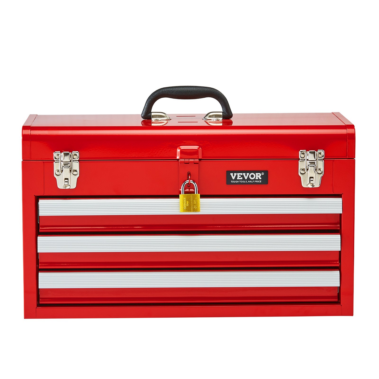 VEVOR Metal Tool Box, 20.5-inch, Portable Metal Tool Box with 3 Drawers, Small Tool Chest with EVA Liners, Ball Bearing Slide Drawers Locking & Powder Coated Finish, Multi-Function Tool Organizer, Red