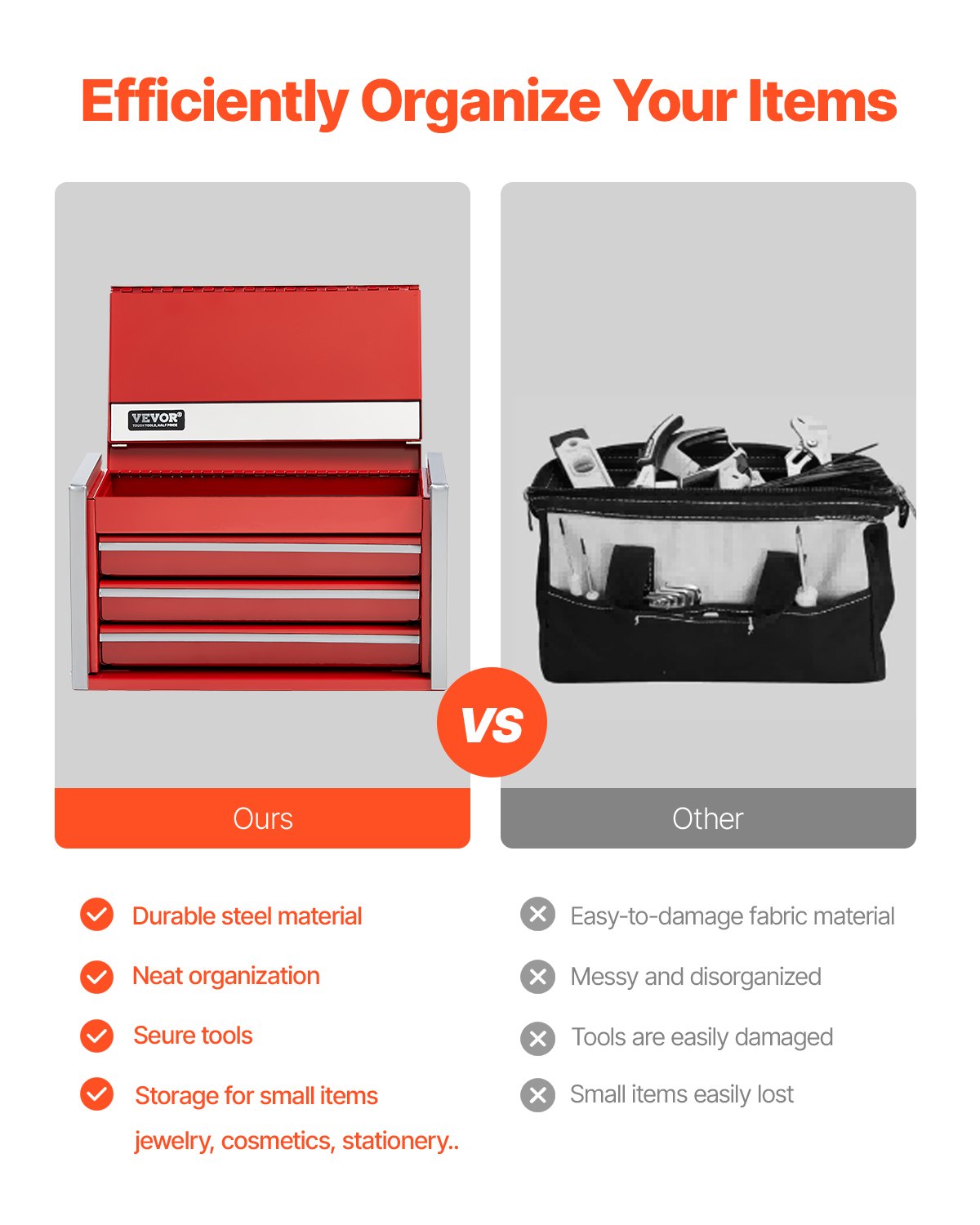 VEVOR Metal Tool Box, 8.6-inch, Portable Metal Tool Box with 3 Drawers, Small Tool Chest with EVA Liners and PP Feet Pads, Heavy-Duty Steel With Ball Bearing Opening and Powder Coated Finish, Red