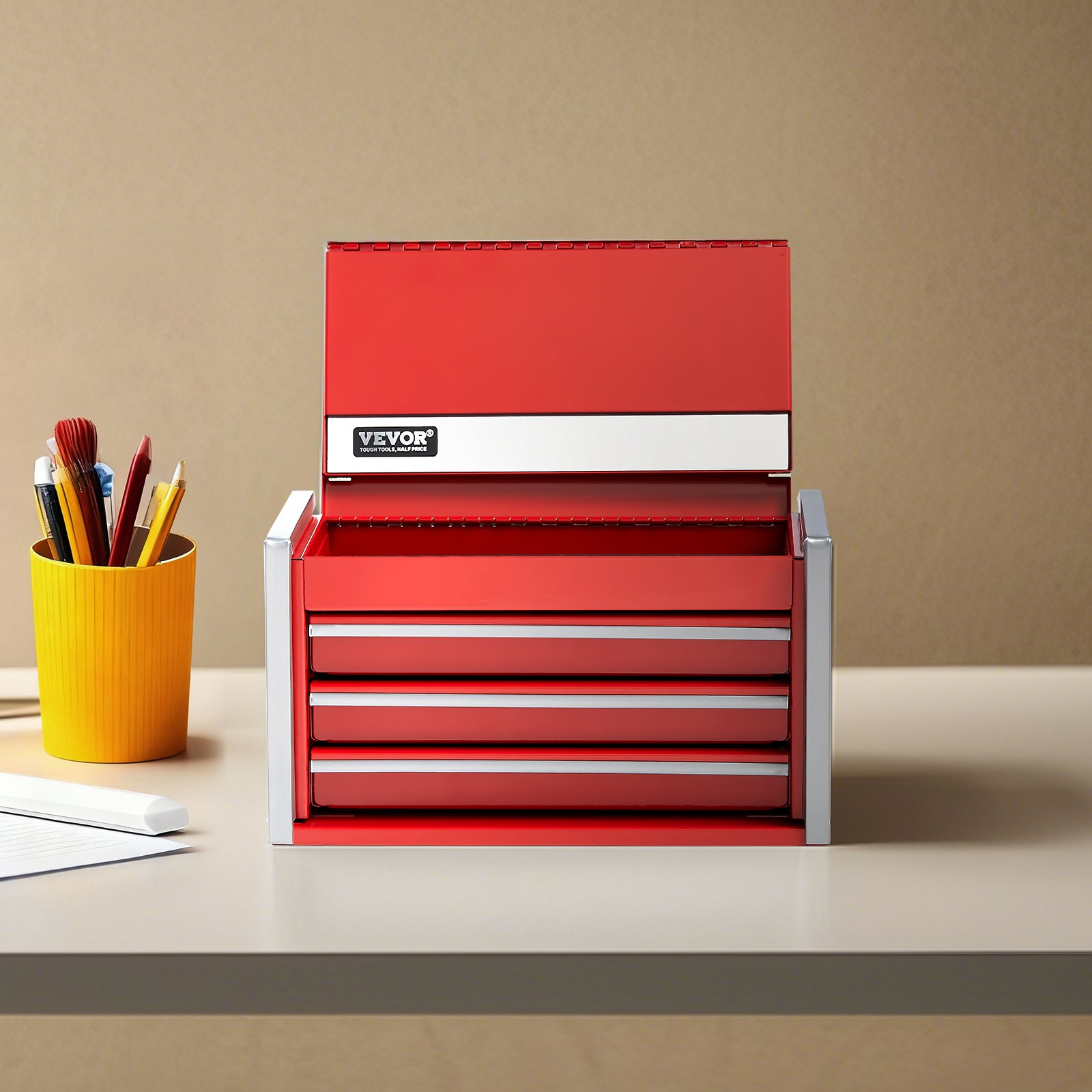 VEVOR Metal Tool Box, 8.6-inch, Portable Metal Tool Box with 3 Drawers, Small Tool Chest with EVA Liners and PP Feet Pads, Heavy-Duty Steel With Ball Bearing Opening and Powder Coated Finish, Red