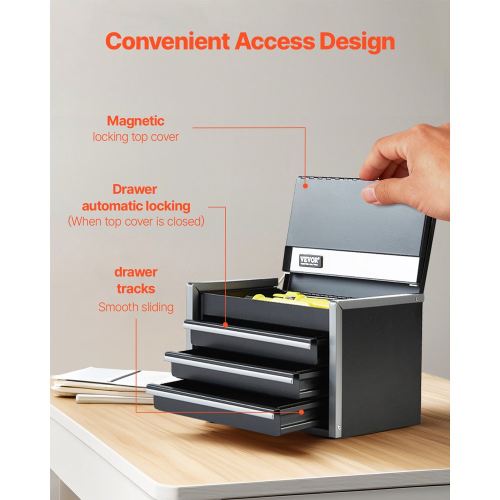 VEVOR Metal Tool Box, 8.6-inch, Portable Metal Tool Box with 3 Drawers, Small Tool Chest with EVA Liners and PP Feet Pads, Heavy-Duty Steel With Ball Bearing Opening and Powder Coated Finish, Black