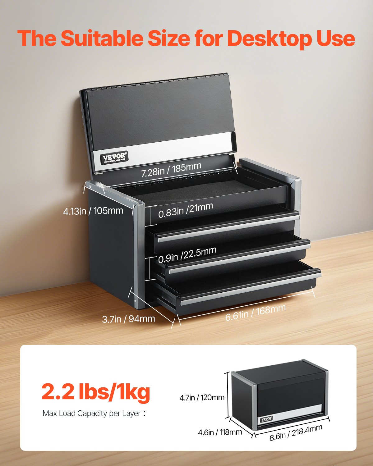 VEVOR Metal Tool Box, 8.6-inch, Portable Metal Tool Box with 3 Drawers, Small Tool Chest with EVA Liners and PP Feet Pads, Heavy-Duty Steel With Ball Bearing Opening and Powder Coated Finish, Black