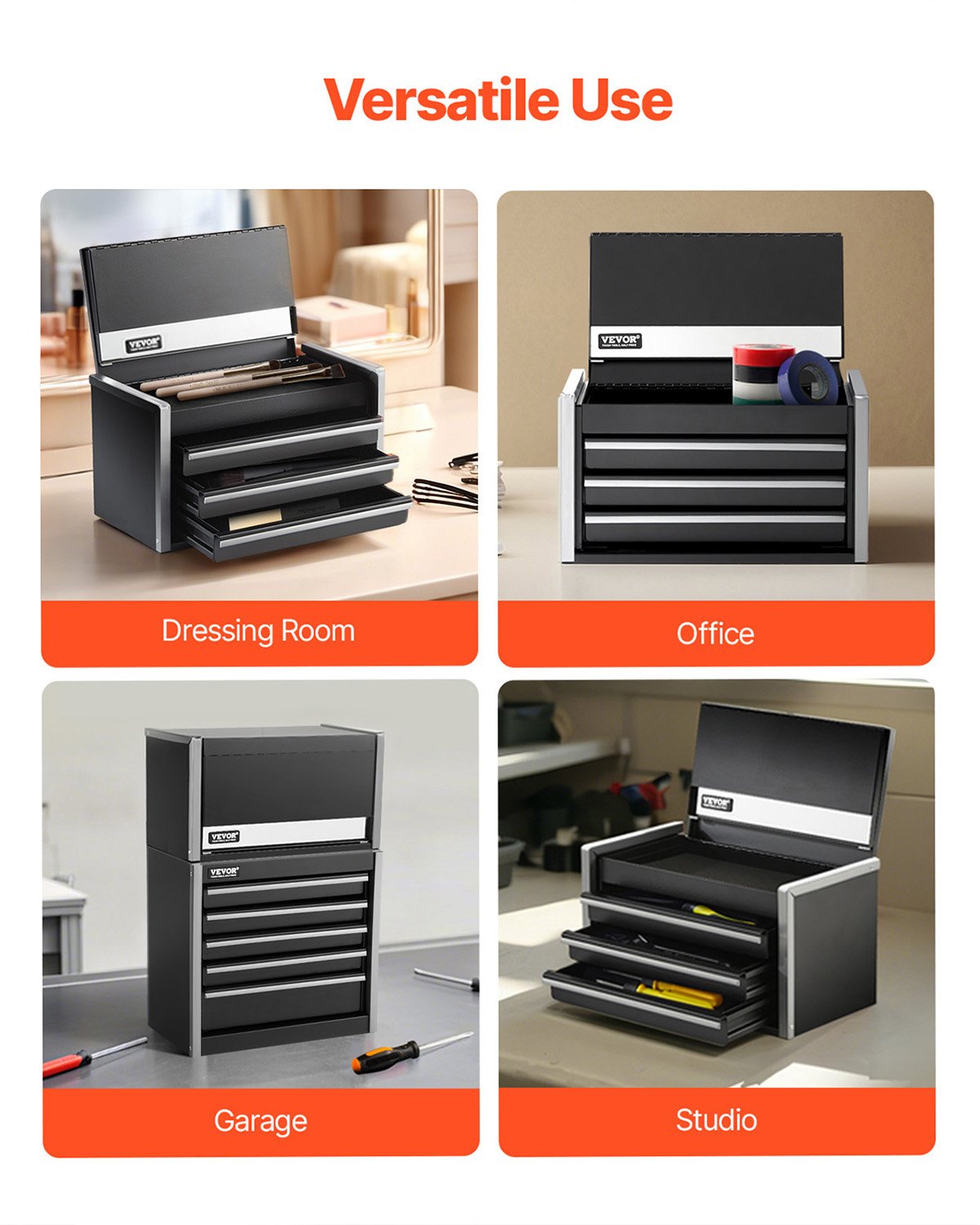 VEVOR Metal Tool Box, 8.6-inch, Portable Metal Tool Box with 3 Drawers, Small Tool Chest with EVA Liners and PP Feet Pads, Heavy-Duty Steel With Ball Bearing Opening and Powder Coated Finish, Black