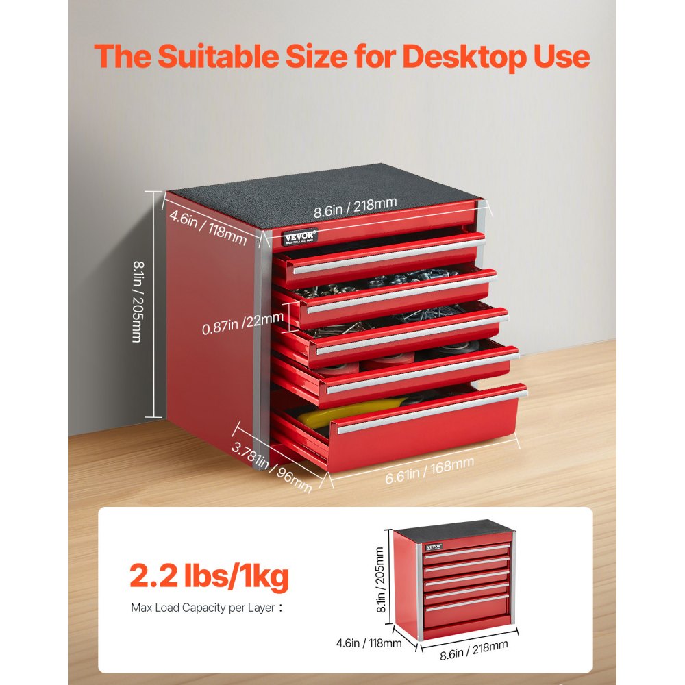 VEVOR Metal Tool Box, 8.6-inch, Portable Metal Tool Box with 5 Drawers, Small Tool Chest with EVA Liners and PP Feet Pads, Heavy-Duty Steel With Ball Bearing Opening and Powder Coated Finish, Red