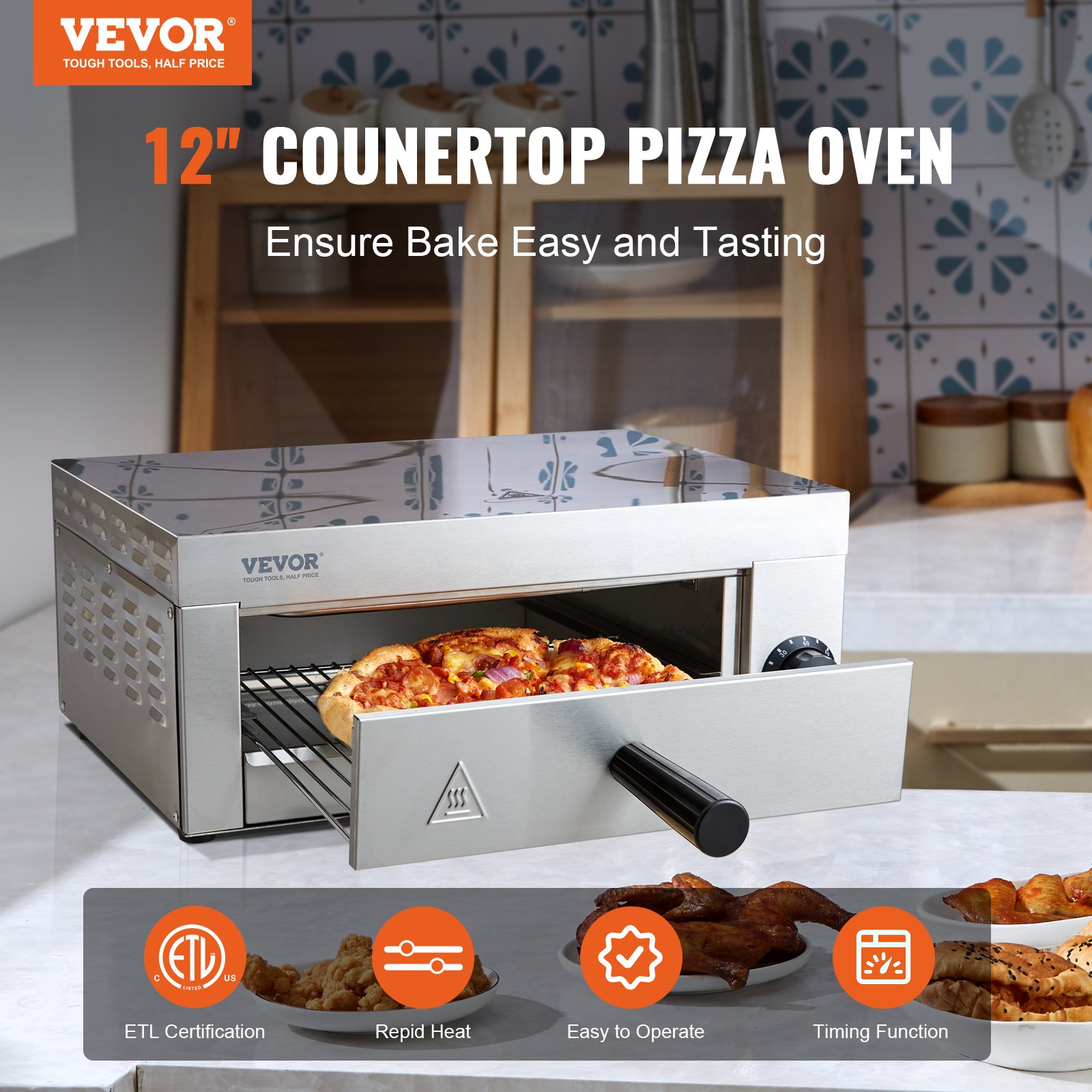 Electric Countertop Pizza Oven 12-inch, 1500W Commercial Pizza Oven with 0-60 Minutes Timer, Stainless Steel Pizza Maker with Removable Crumb Tray for Commercial and Home Use, ETL Certified Electric Countertop Pizza Oven 12-inch, 1500W Commercial Pizza Oven with 0-60 Minutes Timer, Stainless Steel Pizza Maker with Removable Crumb Tray for Commercial and Home Use, ETL Certified