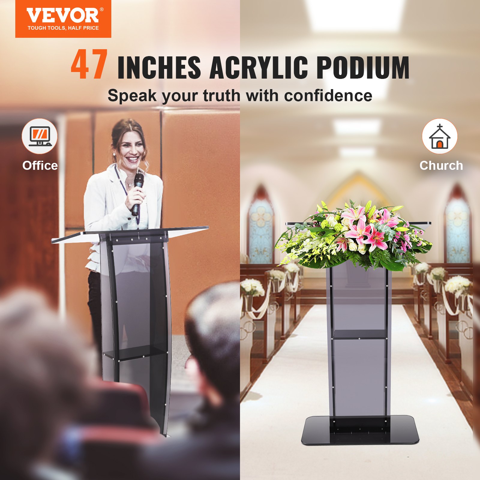 VEVOR Acrylic Podium, 47" Tall, Acrylic Podium Stand with Wide Reading Surface & Storage Shelf, Floor-standing Clear Pulpits Acrylic for Church Office School, Black