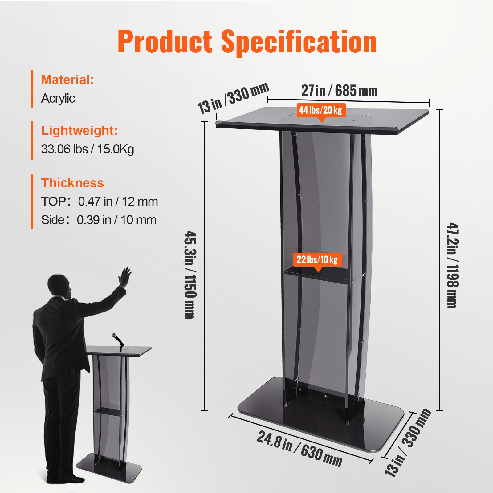 VEVOR Acrylic Podium, 47" Tall, Acrylic Podium Stand with Wide Reading Surface & Storage Shelf, Floor-standing Clear Pulpits Acrylic for Church Office School, Black