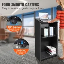 VEVOR Podium Stand, 47 in Hostess Stand with 4 Rolling Wheels, Wood Podium with Storage Shelves, and Slant Desktop, Lecterns & Podiums for Church, Office, School, Home, Black