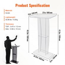 VEVOR Acrylic Podium, 47" Tall, Clear Acrylic Podium Stand with Wide Reading Surface & Storage Shelf, Floor-standing Clear Pulpits Acrylic for Church Office School