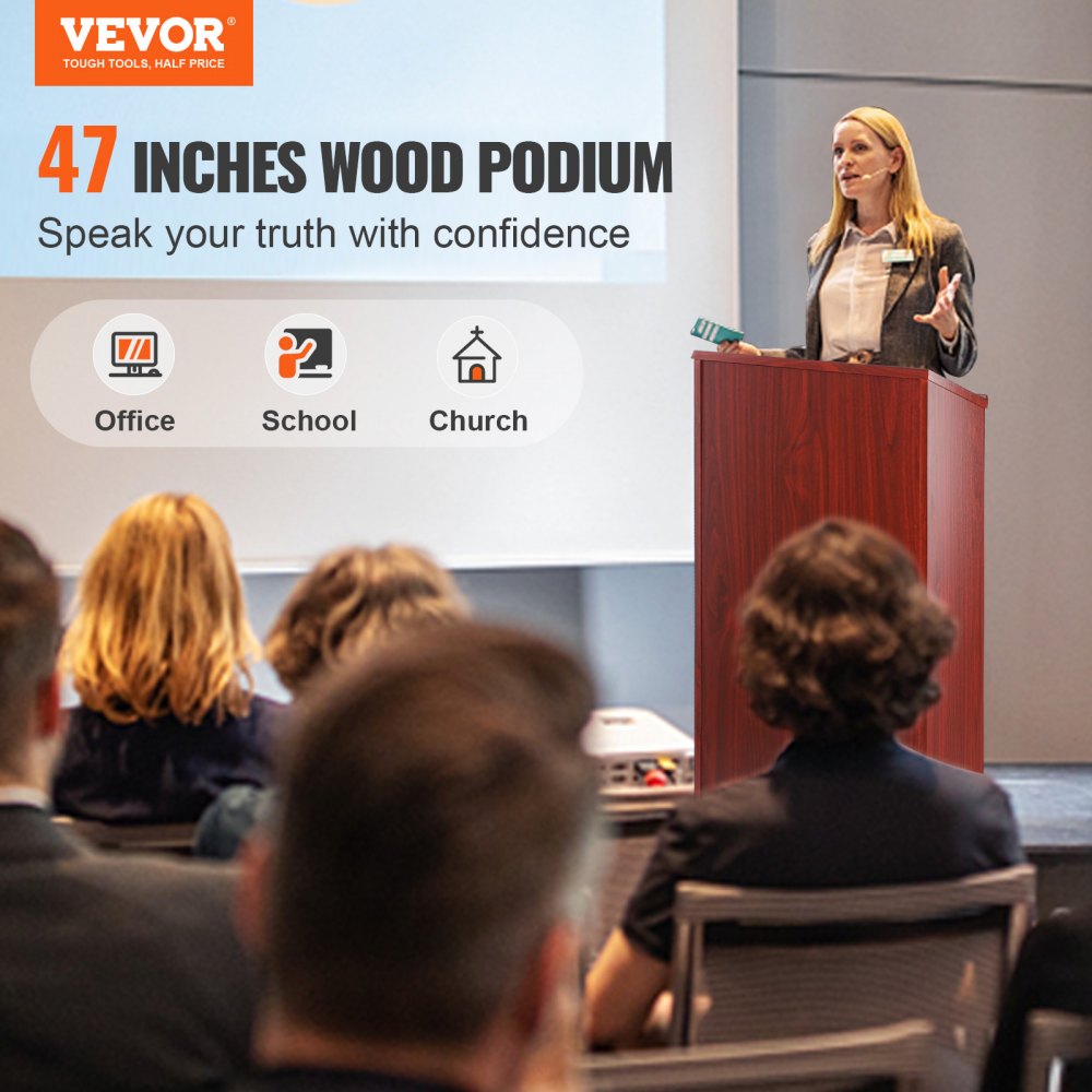 VEVOR podium stand, 47-inch wood, ideal for office, school, and church presentations.