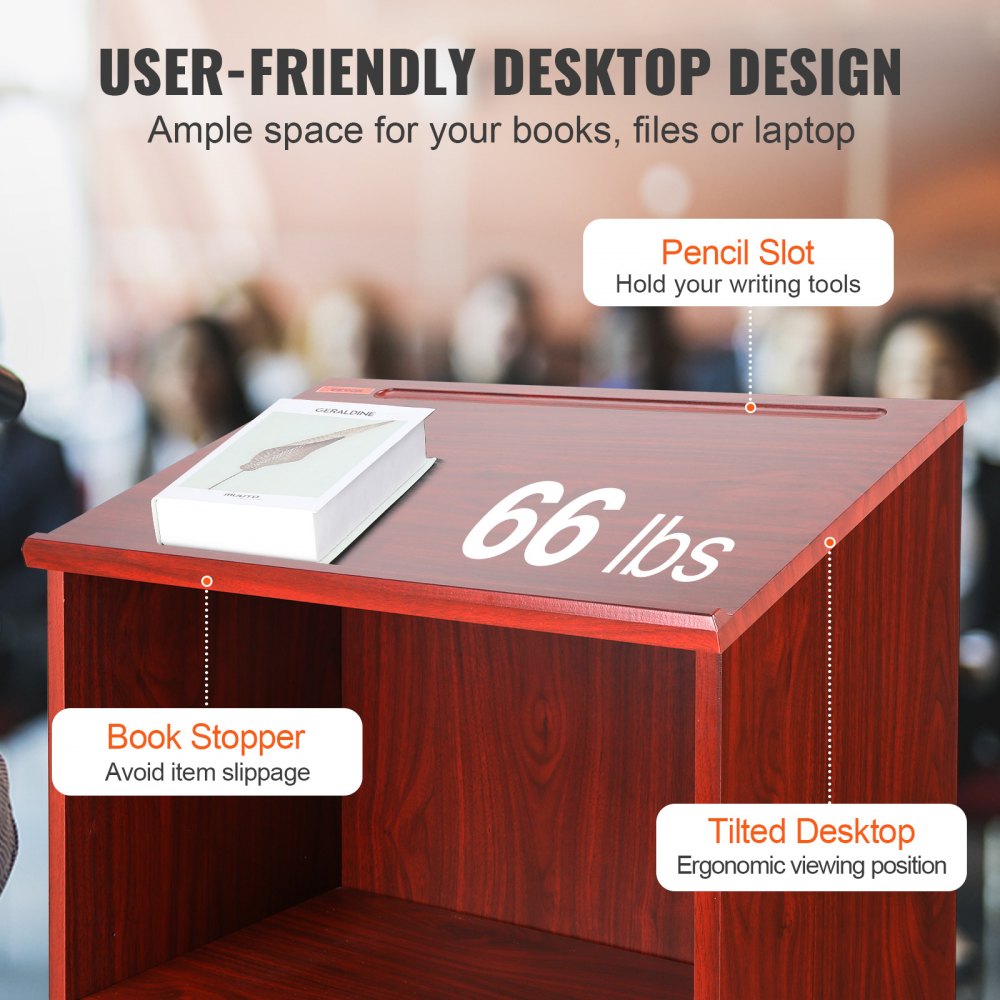 VEVOR podium stand with pencil slot, book stopper, tilted desktop, and 66 lbs weight capacity.
