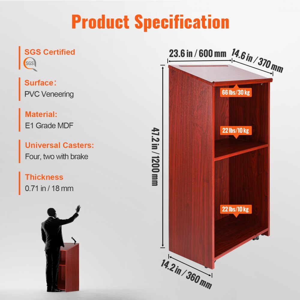 VEVOR podium stand dimensions and specifications with pvc veneering, e1 grade mdf, and universal casters.