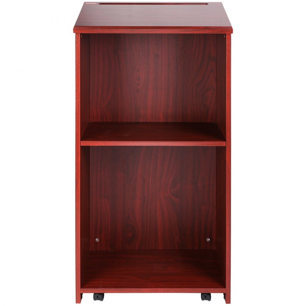 VEVOR podium stand with dark wood finish, open shelves, and caster wheels for easy mobility.