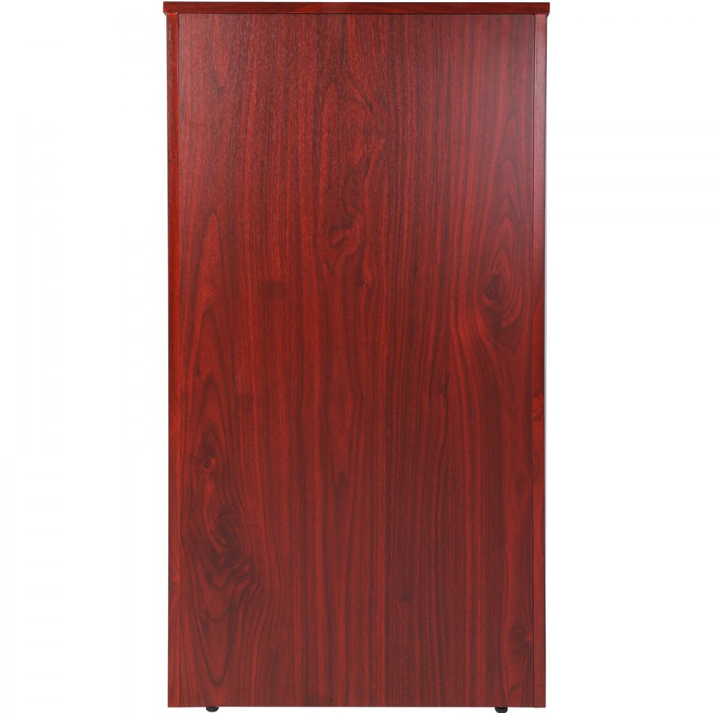 mahogany-finish VEVOR podium stand with a sleek, minimalist design and wood grain detail.