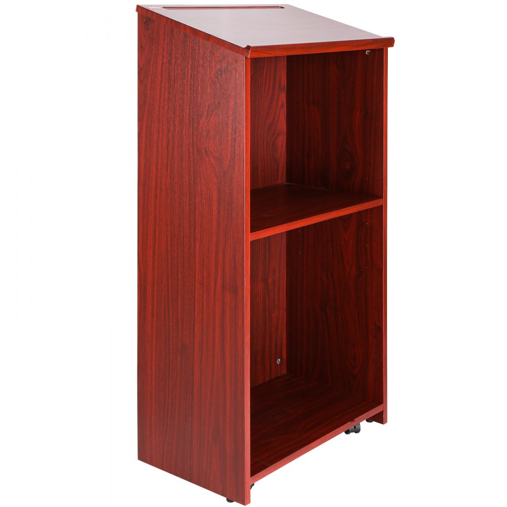 wooden VEVOR podium stand with angled top and open shelves for storage.