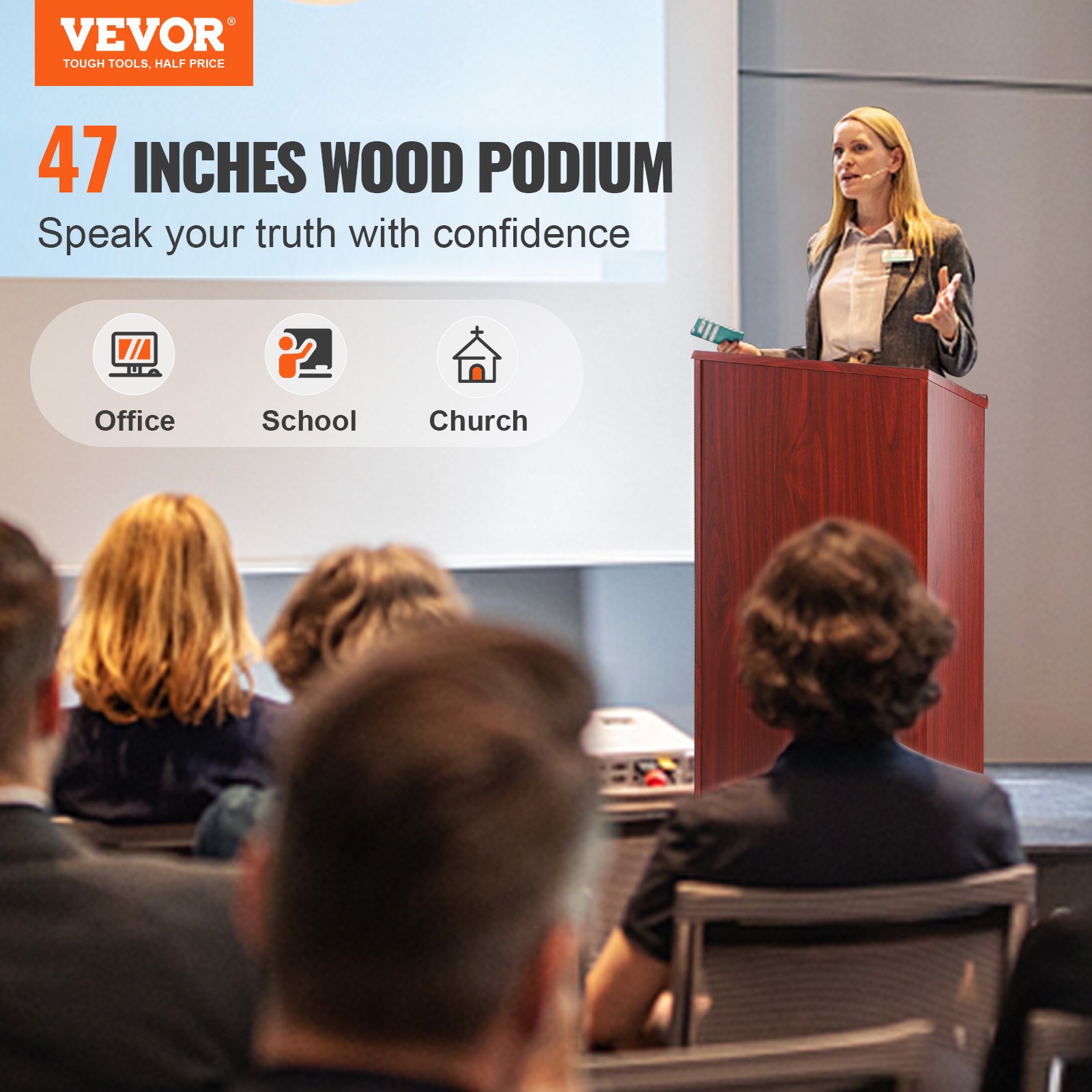VEVOR podium stand, 47-inch wood, ideal for office, school, and church presentations.