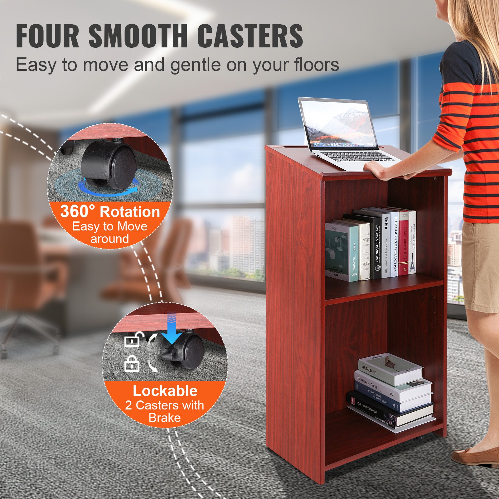 VEVOR podium stand with laptop and books, featuring four smooth casters for easy mobility and lockable brakes.