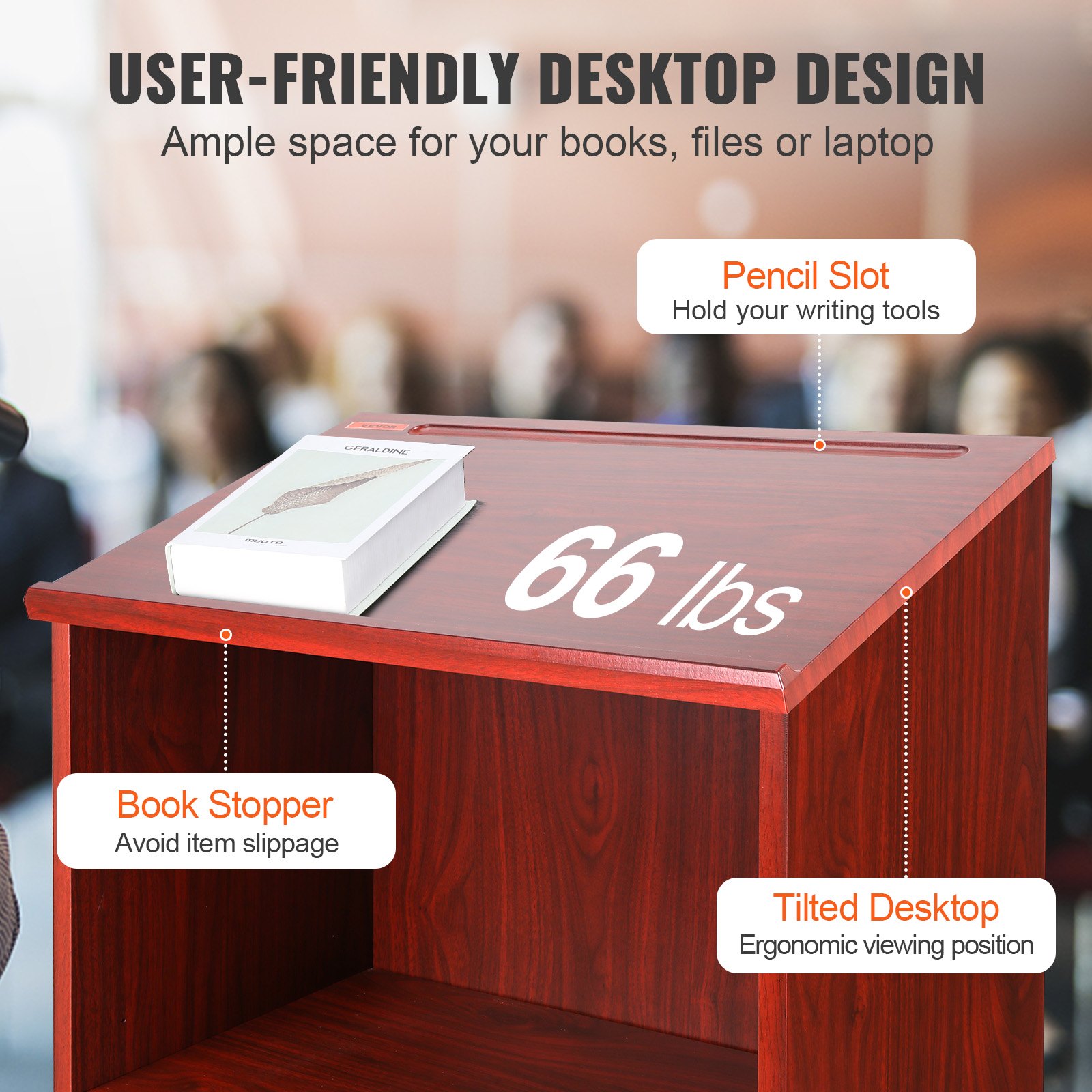 VEVOR podium stand with pencil slot, book stopper, tilted desktop, and 66 lbs weight capacity.