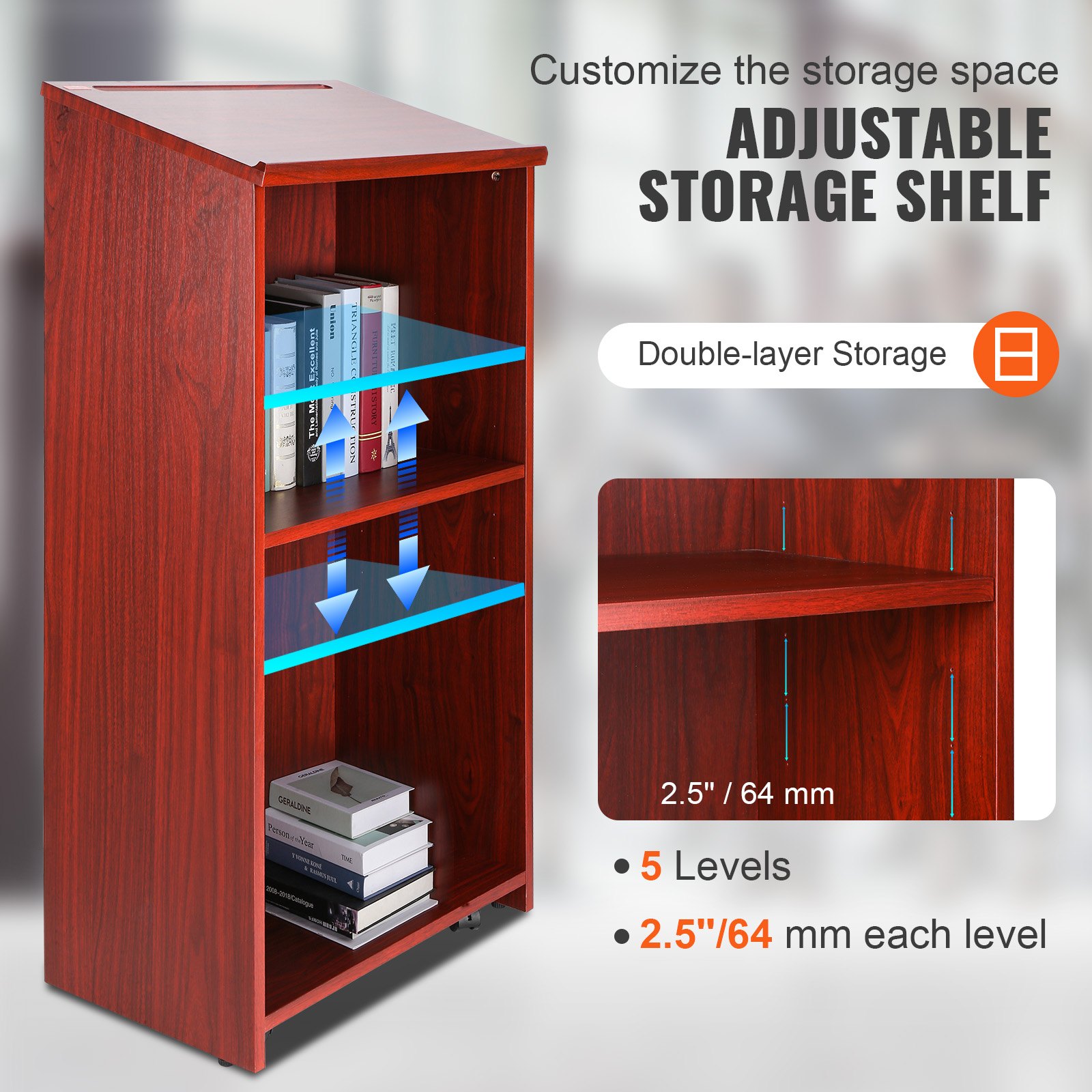 VEVOR podium stand with adjustable storage shelf, double-layer storage, and 5 levels at 2.5&quot;/64mm each.