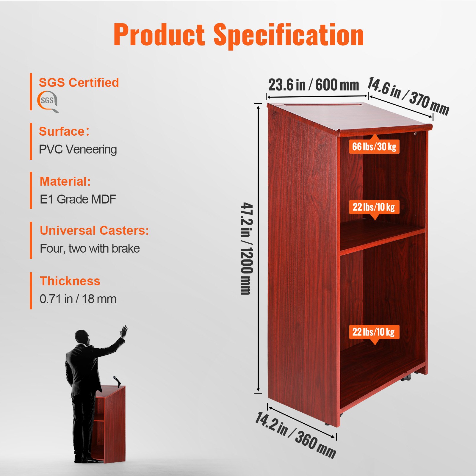 VEVOR podium stand dimensions and specifications with pvc veneering, e1 grade mdf, and universal casters.