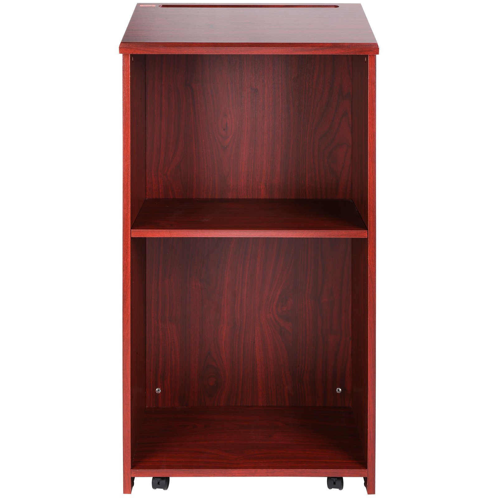 VEVOR podium stand with dark wood finish, open shelves, and caster wheels for easy mobility.