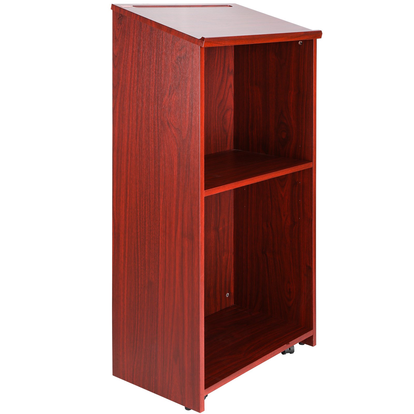 wooden VEVOR podium stand with angled top and open shelves for storage.