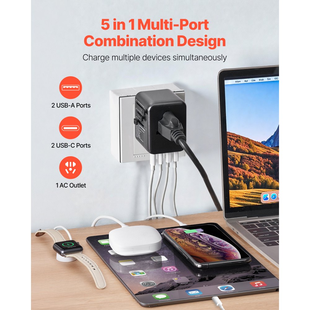 VEVOR Universal Travel Adapter, 5-in-1, International European Power Adapter with 2 USB-C, 2 USB-A Ports, 1 AC Outlet, 4 Different Plugs, Worldwide Plug Adaptor Wall Charger, for Europe UK EU AUS USA