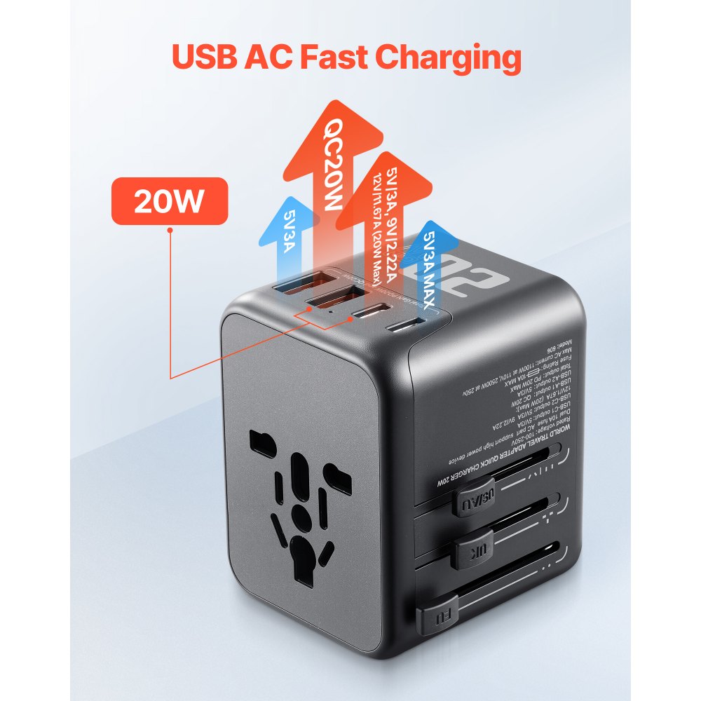 VEVOR Universal Travel Adapter, 5-in-1, International European Power Adapter with 2 USB-C, 2 USB-A Ports, 1 AC Outlet, 4 Different Plugs, Worldwide Plug Adaptor Wall Charger, for Europe UK EU AUS USA