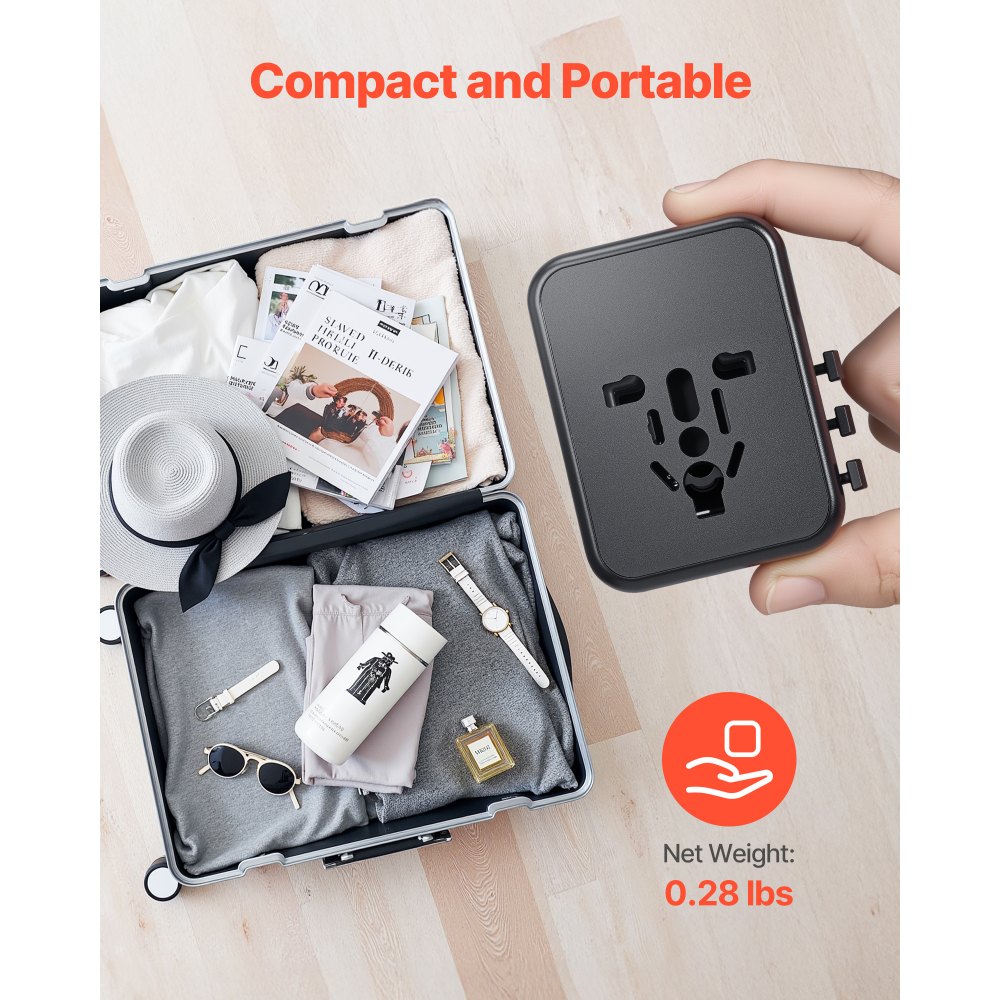 VEVOR Universal Travel Adapter, 5-in-1, International European Power Adapter with 2 USB-C, 2 USB-A Ports, 1 AC Outlet, 4 Different Plugs, Worldwide Plug Adaptor Wall Charger, for Europe UK EU AUS USA