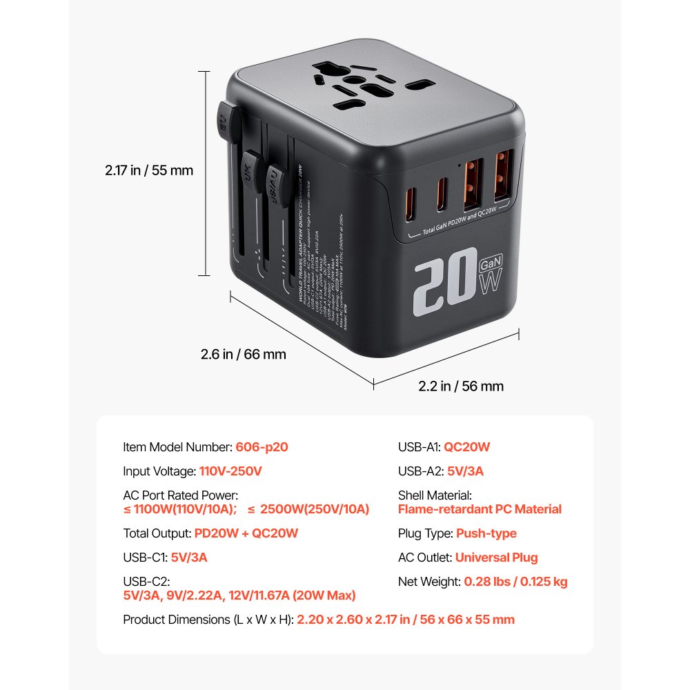 VEVOR Universal Travel Adapter, 5-in-1, International European Power Adapter with 2 USB-C, 2 USB-A Ports, 1 AC Outlet, 4 Different Plugs, Worldwide Plug Adaptor Wall Charger, for Europe UK EU AUS USA
